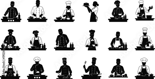 Vector silhouette collection of professional chefs and cooks, men and women preparing food, culinary staff in kitchen uniform, restaurant service icons