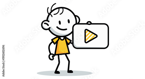 A cheerful cartoon boy holding a play button icon on a Transparent Background, smiling and looking friendly.