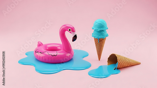 Pink Flamingo Float with Melting Blue Ice Cream on Pastel Background, Surreal Summer Concept