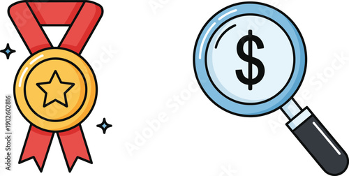 Achievement medal and financial search illustration showing success reward and money analysis concept in cartoon style