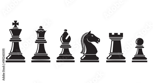Black chess pieces including king, queen, bishop, knight, rook, and pawn on Transparent Background, symbolizing strategy and game.