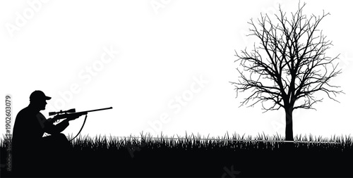 Hunter silhouette artwork, rifle aiming scene, outdoor shooting design, grassy terrain illustration, leafless tree branches, black and white art, flat vector illustration