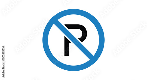 A vibrant blue and white prohibition sign displays a bold black letter r with a diagonal slash indicating a restriction