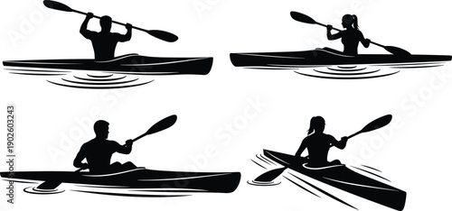 Kayaking silhouettes artwork, outdoor water sport design, paddling activity illustration, male female kayakers, adventure lifestyle vector, black and white art, flat vector illustration