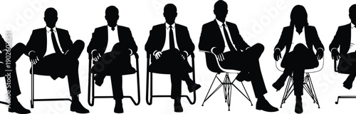 Vector silhouette of business people sitting in chairs, professional corporate team meeting, diverse group of office workers, formal conference background