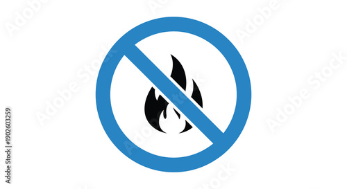 A simple graphic depicts a prohibition symbol featuring a blue circle with a diagonal line through a black flame icon