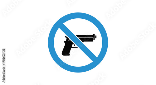 A stark visual representation shows a black handgun silhouette crossed out by a red diagonal line within a blue circle