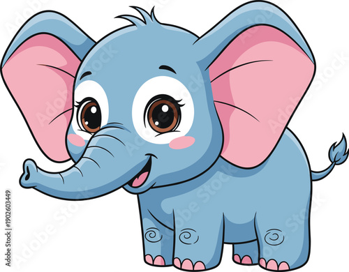 Cartoon baby elephant illustration with blue body, pink ears, cheerful expression, big eyes, curled tail, and playful details for children’s books, education, and creative projects