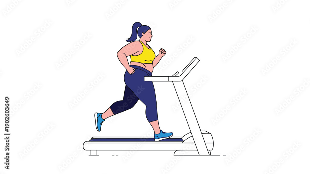 Fototapeta premium Empowering illustration of a plus-size woman running on a treadmill highlights the importance of fitness and health at any size.