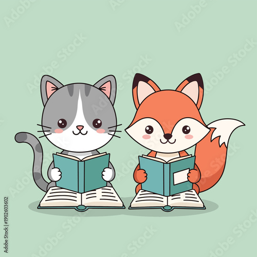 Cat and Fox Reading Together
