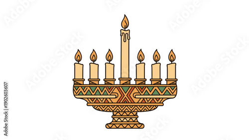 Traditional Kwanzaa kinara with seven lit candles and decorative African patterns celebrates cultural heritage and winter holidays.