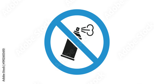 A bright blue prohibition sign depicts a black silhouette of a spray can with vapor indicating no spraying allowed