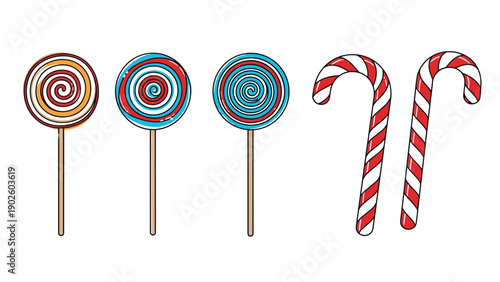 Colorful assortment of swirl lollipops and striped candy canes provides a playful visual for sweet treats and confectionery themes.