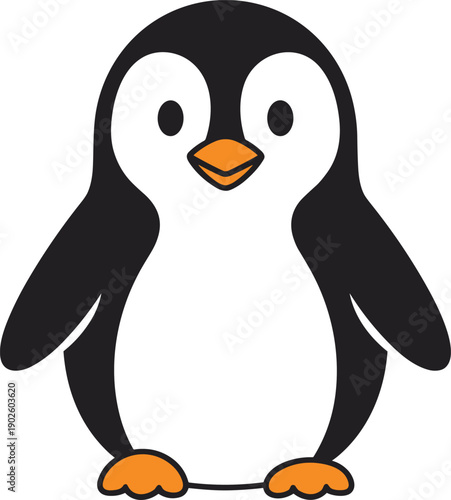Cute baby penguin vector illustration with orange beak and feet, adorable flightless bird character isolated on white background for nursery decor and winter designs.