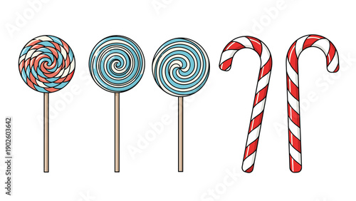 Decorative set of candy canes and round lollipops with various colors adds a whimsical touch to festive holiday dessert designs.