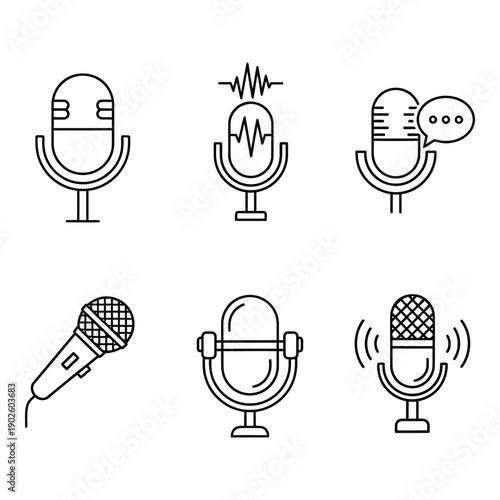 Collection of various microphone icons illustrating different types of microphones and sound recording concepts isolated on transparent background