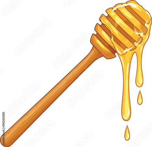Honey dipper illustration with dripping golden honey, grooved wooden design, thick viscous texture for culinary art, food design, natural sweetness, and creative projects