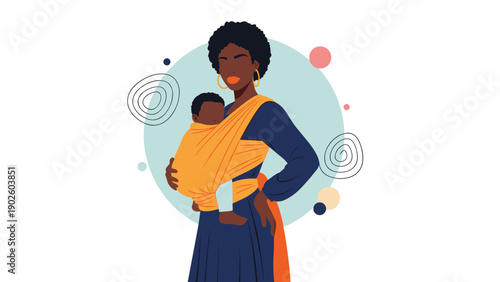 Stylized illustration of a black woman carrying her baby in a bright yellow sling against a modern abstract circle background.