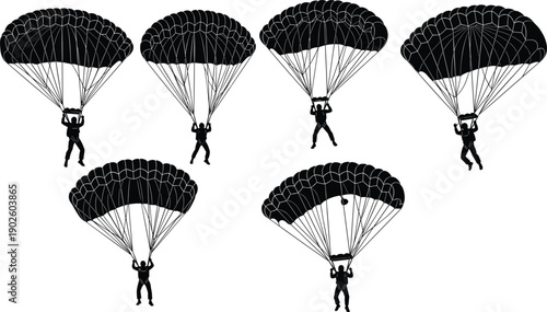 Parachutists silhouettes artwork, skydiving descent illustration, outdoor adventure sport design, parachute motion vector, aerial activity artwork, black and white art, flat vector illustration