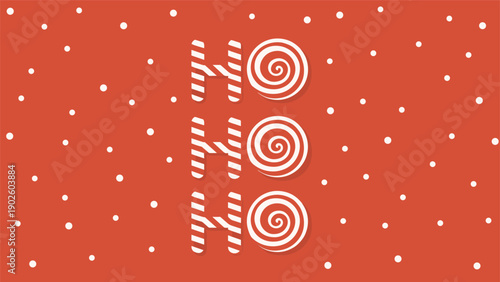 Festive Ho Ho Ho text written with candy cane patterns on a red snowy background celebrates the joyful spirit of Santa Claus.