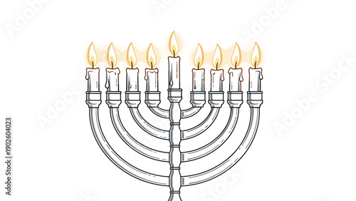 Traditional Hanukkah menorah with all nine candles lit signifies the Festival of Lights and Jewish holiday celebrations.