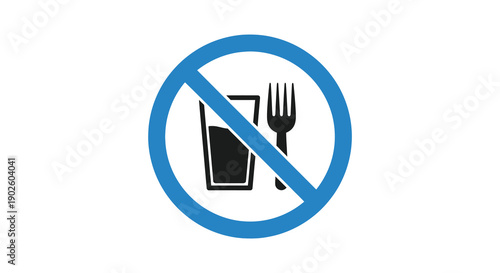 A simple circular prohibition sign displays a black fork and glass with a red diagonal line indicating no food or drinks allowed
