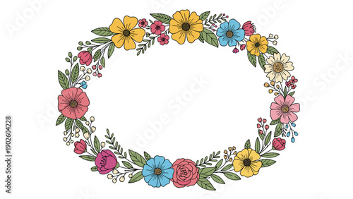 Beautiful oval wreath made of various colorful flowers and leaves provides a bright floral border for spring and garden themes.