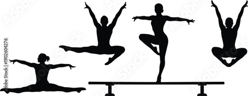 Gymnastics silhouettes artwork, balance beam pose, split jump illustration, tuck jump design, athletic sport vector, strength flexibility art, black silhouette, flat vector illustration