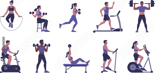 Diverse Men and Women Exercising in Gym with Treadmill stationary Bike Weights and Jumping Rope for Fitness Health Wellness and Sports Training Designs