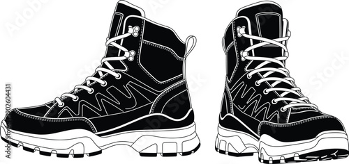 Hiking boots detailed black and white illustration featuring rugged soles, laces, reinforced stitching, and outdoor gear design for adventure, trekking, footwear, camping, and travel projects