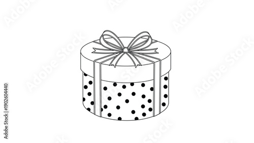 Decorative round gift box with a polka dot pattern and a large ribbon bow on top in simple black and white line art.