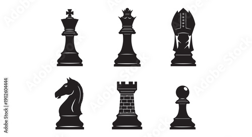 Black chess pieces silhouettes including king, queen, and pawn on Transparent Background, perfect for strategy concepts.