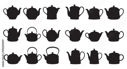 Collection of various black silhouette teapot icons on Transparent Background, tea kettle silhouettes.