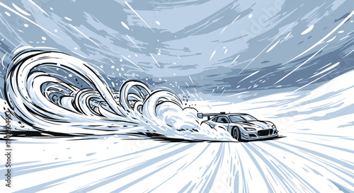 Sports car drifting fast on a snowy track with ice clouds