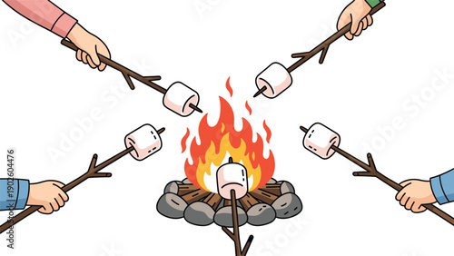 Multiple hands holding sticks to roast white marshmallows over a bright orange campfire flame in a group activity.