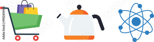 Shopping cart kettle and atomic symbol illustration set showing retail household and science concepts