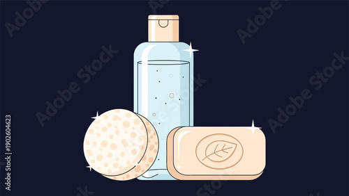 Illustration of bathroom essentials including a bottle of lotion, a bar of soap, and a soft sponge for personal hygiene.