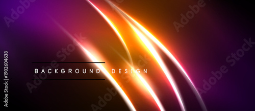 Abstract neon lines create dynamic gradient background. Purple, orange hues dominate dark space. Text reads background design.