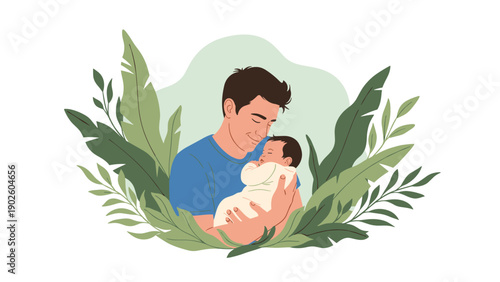 Heartwarming illustration of a loving father holding his sleeping baby surrounded by lush green tropical leaves.