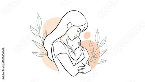 Simple and elegant line art drawing of a mother embracing her newborn baby against soft abstract background shapes.