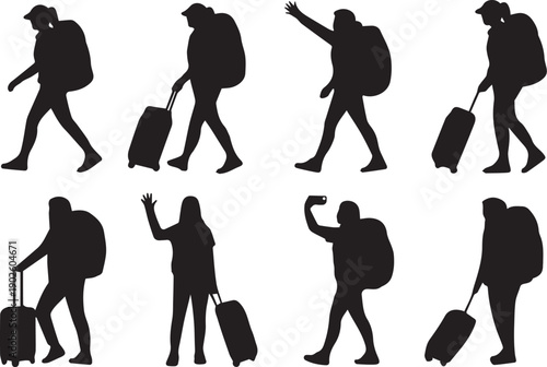 Silhouette of a traveler pulling a rolling suitcase with a large backpack