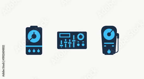 Set of icons representing electronic devices and audio equipment, including a battery indicator, mixing console, and portable measurement device.
