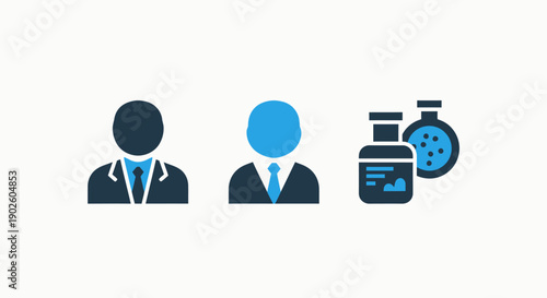 Icons of businessmen in suits and a lab flask with molecules, symbolizing business professionals, science, and chemical research or development.