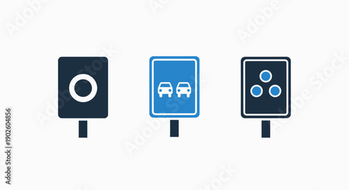 Set of traffic and warning sign icons, including a circular sign with a ring, a road sign with cars, and a sign with three circles, for navigation and safety.