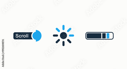 Icons representing user interface elements: a scroll button with an arrow, a loading spinner, and a progress bar, indicating actions and system status.