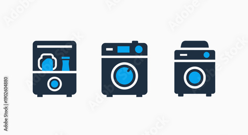 Set of icons representing laundry and home appliances: a clothes dryer, a washing machine, and a compact washer-dryer unit in a clean, modern style.