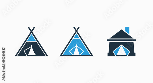Icons depicting different types of shelters: a traditional teepee tent, a modern tent structure, and a house with a tent entrance, symbolizing shelter and refuge.
