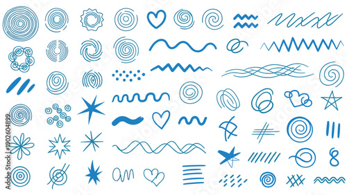 Large set of various hand-drawn blue shapes including circles, spirals, stars, hearts, and different types of lines.
