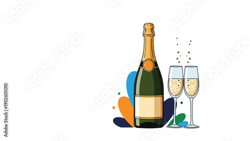 Green champagne bottle with a golden label next to two filled champagne glasses for celebratory toasts and events.