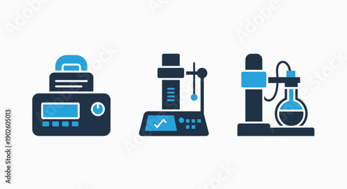 Icons of laboratory equipment including a heating plate, a titration apparatus, and a distillation setup for scientific experiments.